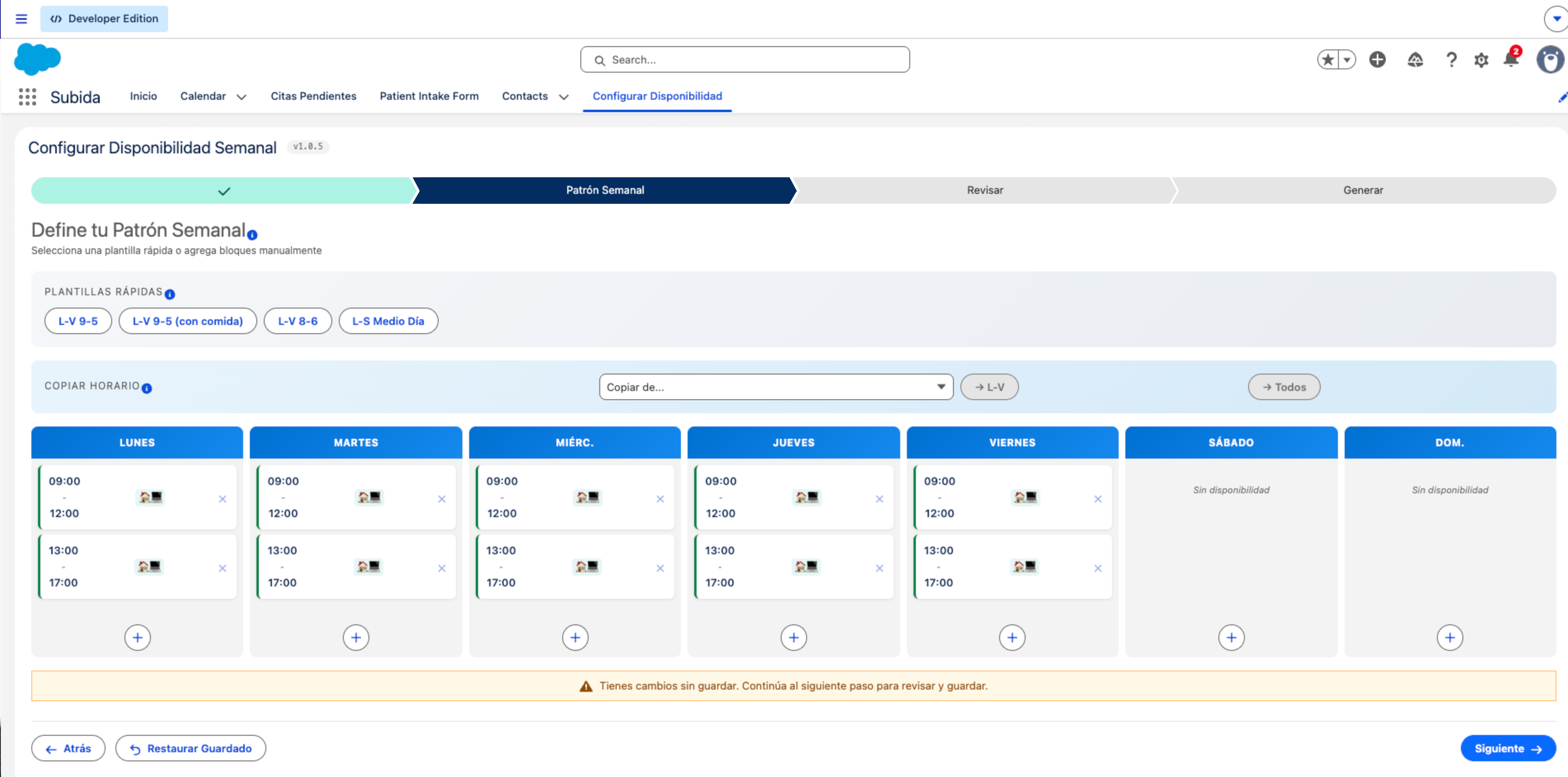 Patr&oacute;n semanal configurado con bloques de horario